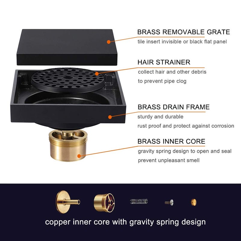 orhemus 4 inch Solid Brass Square Shower Floor Drain with Tile Insert Grate Removable Cover Hair Catcher Strainer, Matte Black Plated Finish Anti Clogging and Odor - Image 3